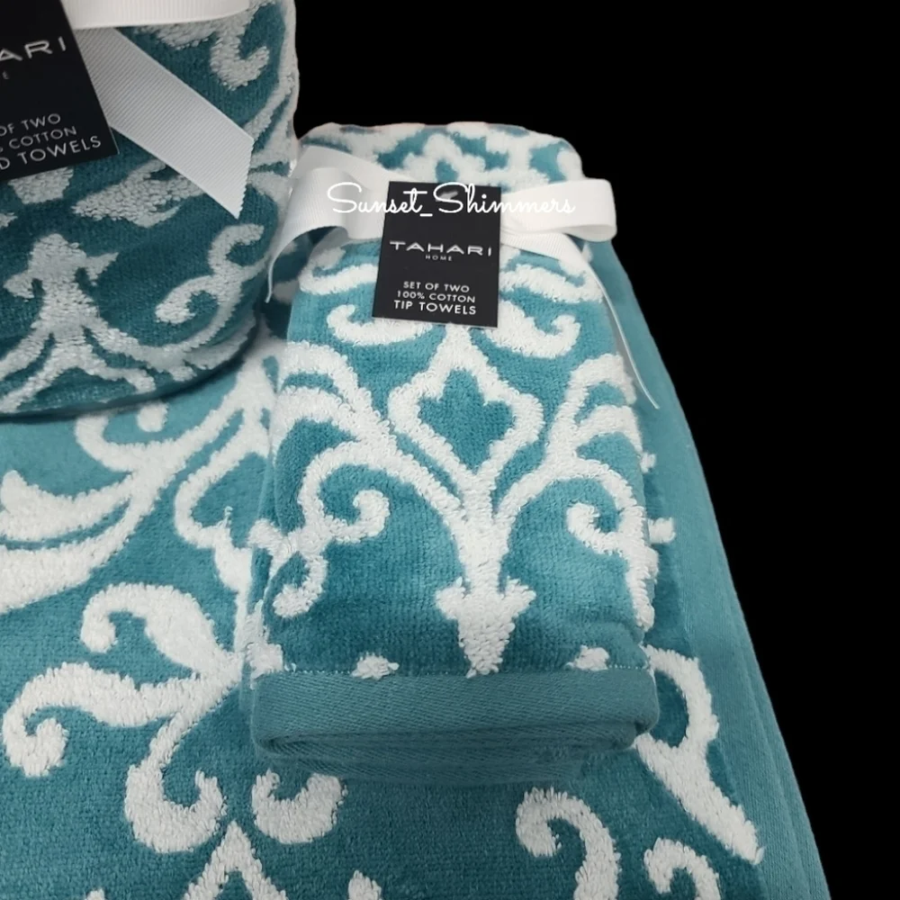 6 Piece Tahari Luxury Plush Damask Jacquard Scroll Bath Hand Tip Towel Set NEW